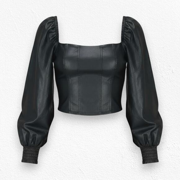 7FAM Black Faux Leather Puff Sleeve Square Neck Corset Crop Top Size XS